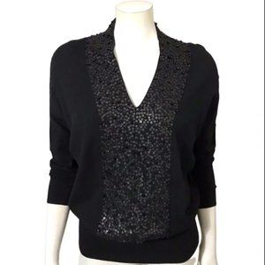 Josie Natori Black V-Neck Sequin Beaded Batwing Long Sleeve Sweater Sz-Small